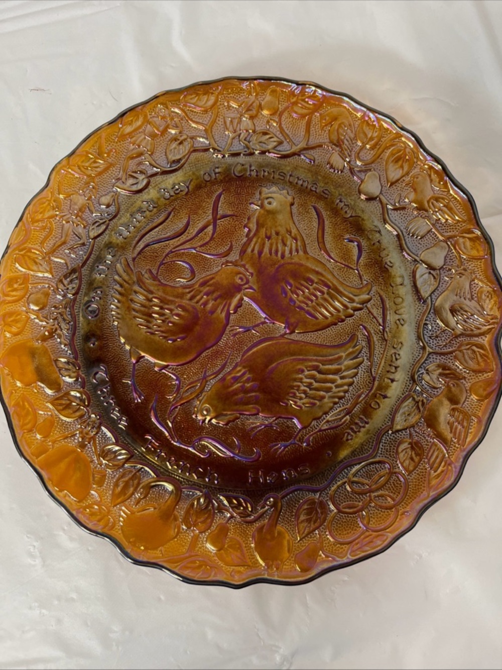Fenton Iridescent Amber Three Birds Carnival Glass Plate